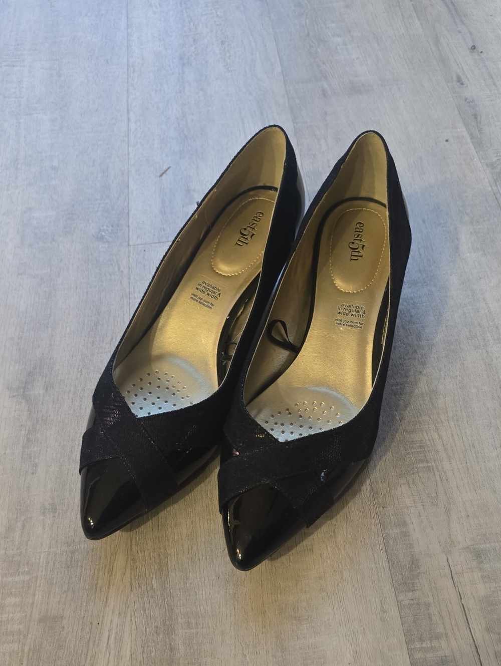 East 5th Black Pointed-Toe Pumps with Gloss Cap